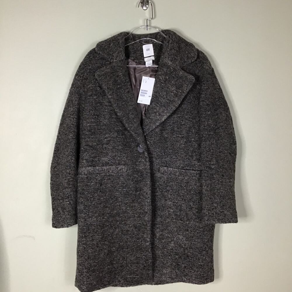 H&M Classic dark charcoal gray textured wool-blend coat w single button Sz. Med